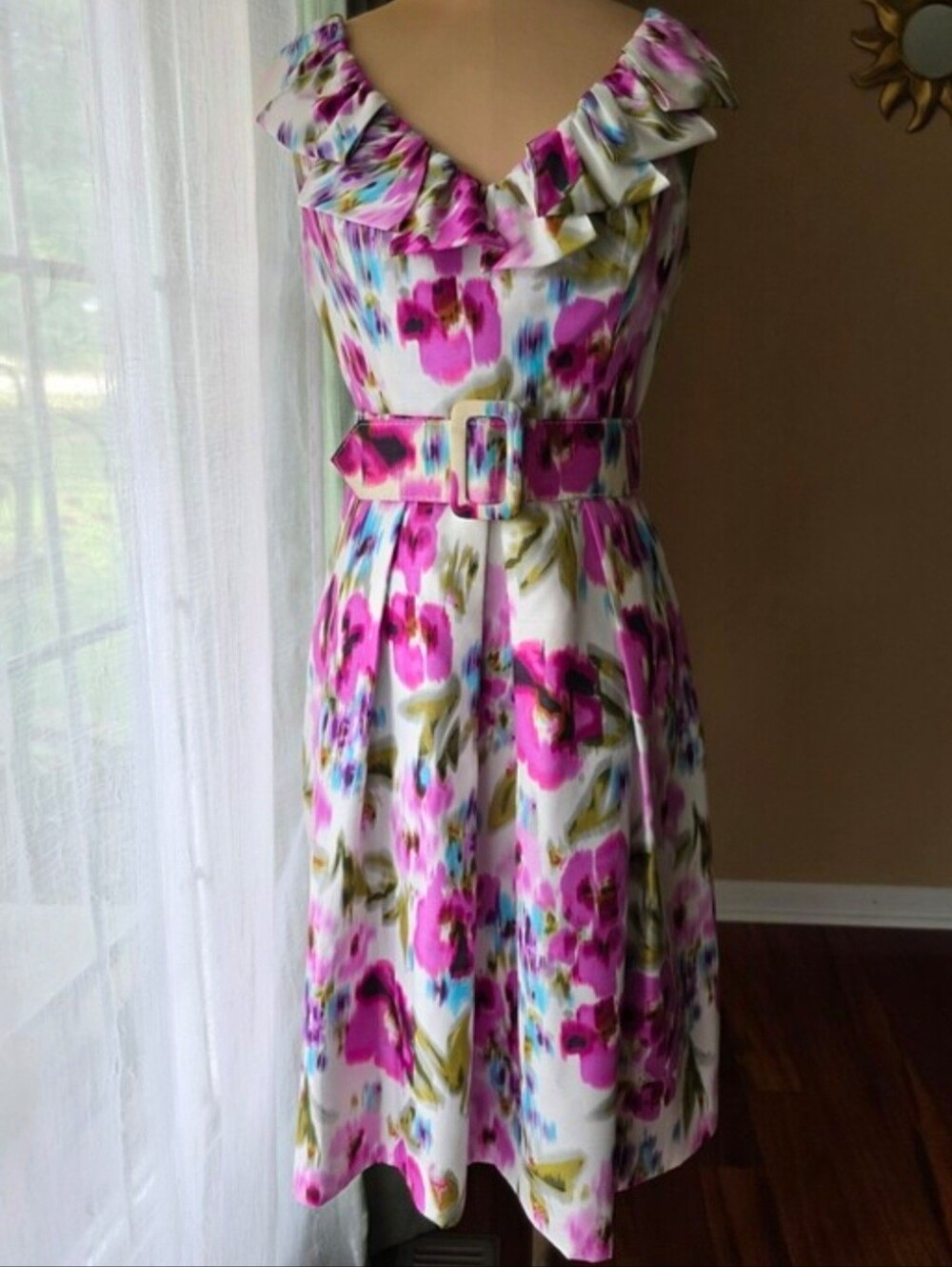 VTG 50s Floral Dupioni Silk Ruffle Belted A-Line Pocket Dress Pink Purple Midi